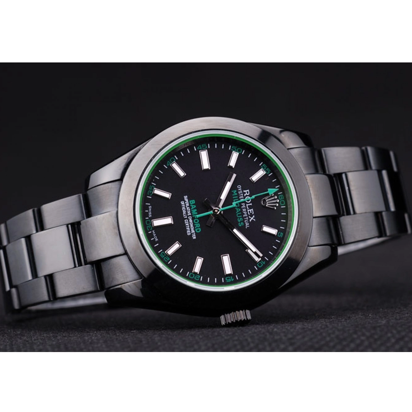 AAA Replica Watches Stainless Milgaus Ion Rolex 7476 Steel Bezel Black Dial Plated Bamford 0621